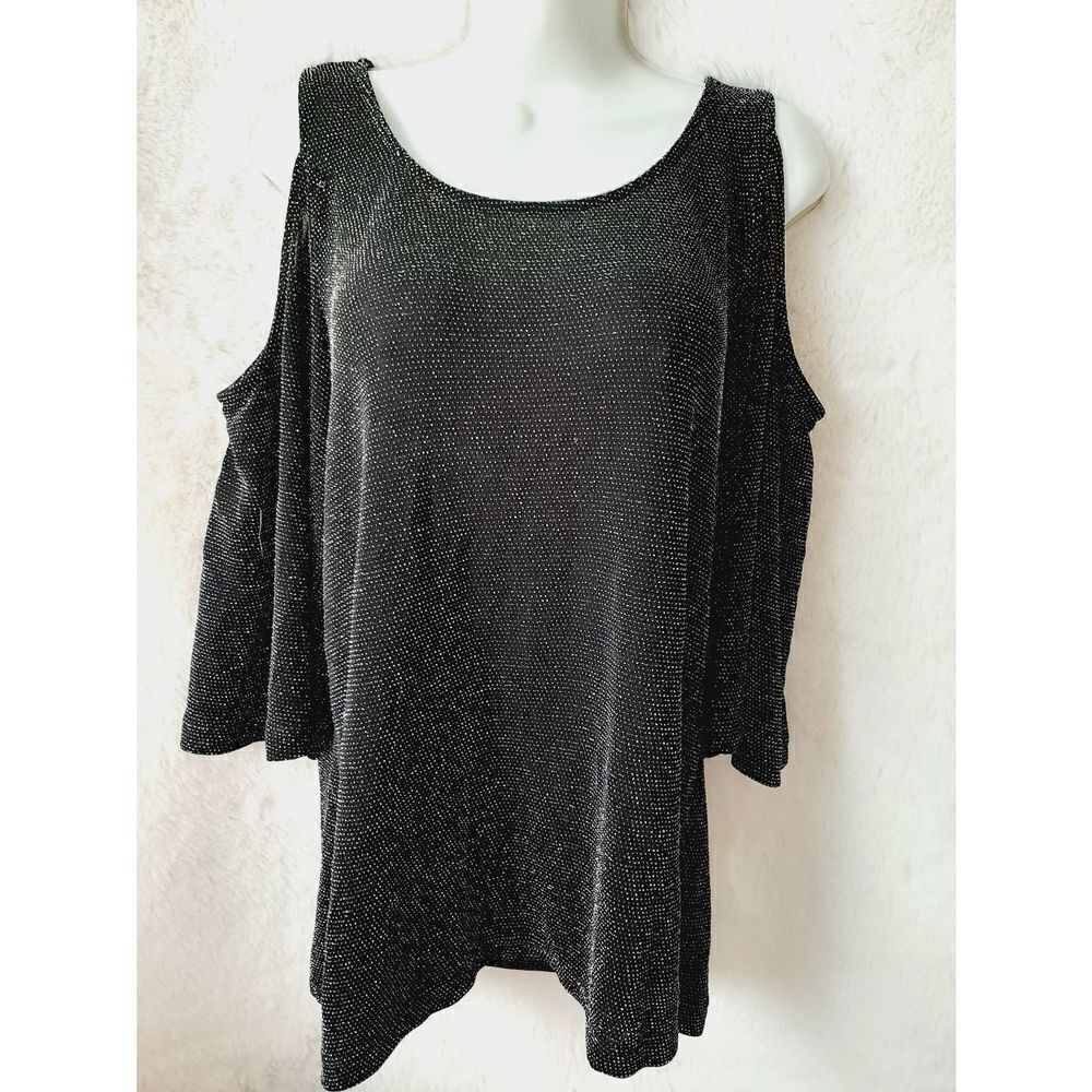 7th Avenue black silver Shimmer Medium cold shoulder office Siren Coctail blouse